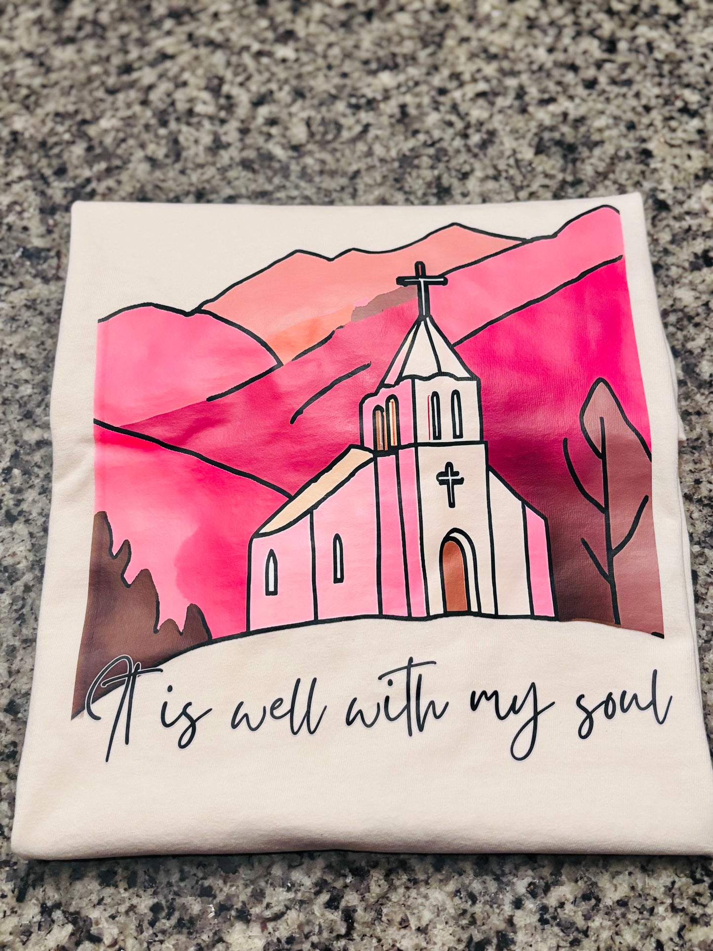 Comfort Colors® “It Is Well With My Soul” Church & Pink Mountains Tee