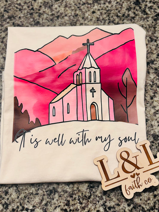 Comfort Colors® “It Is Well With My Soul” Church & Pink Mountains Tee